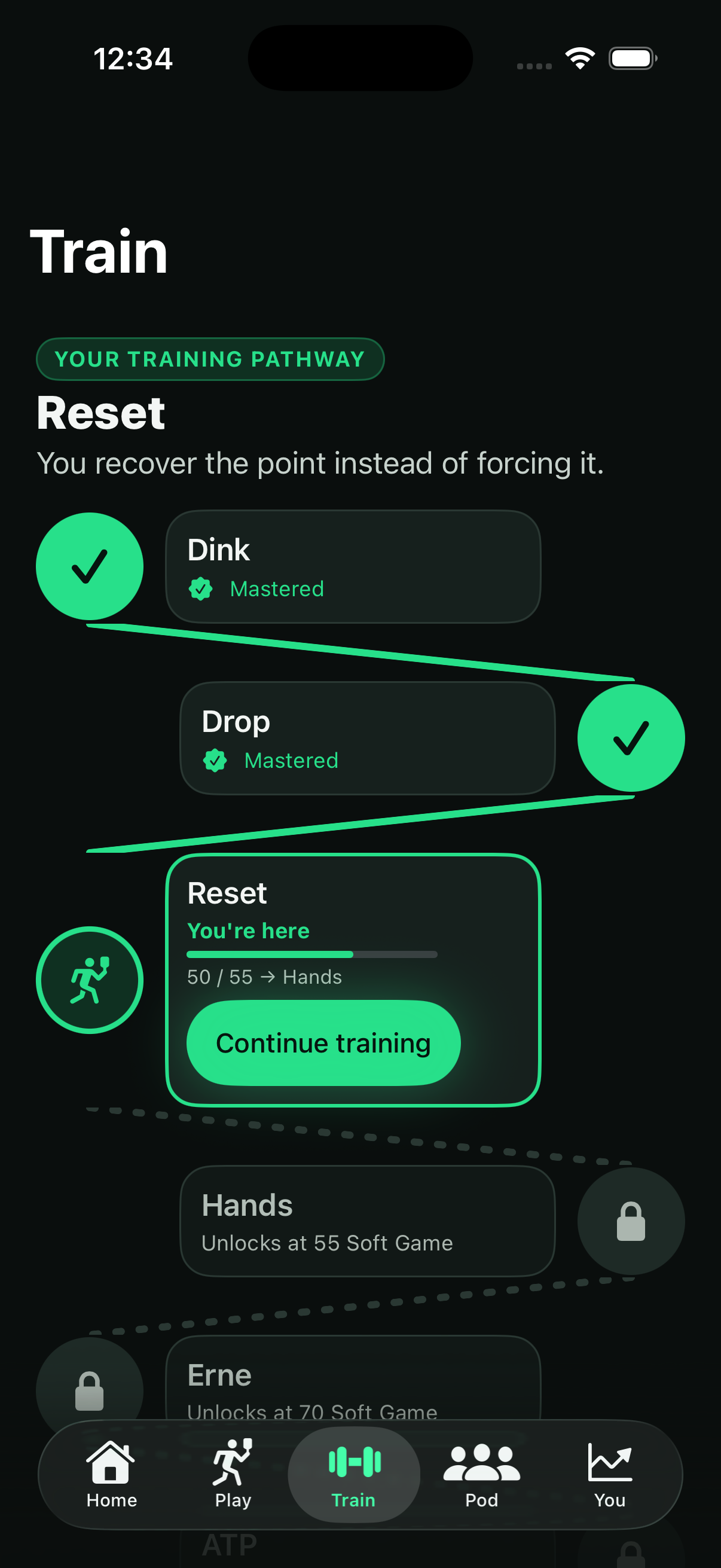 Pickleballer training pathway — climb the soft-game tiers from Dink to ATP